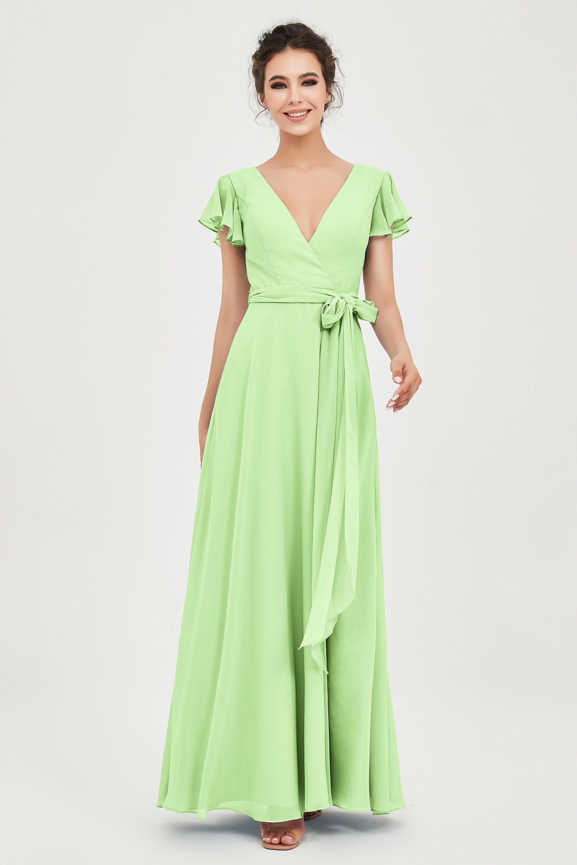 Flutter Sleeves Chiffon V Neck Bridesmaid Dress Women's Formal Evening Prom Gowns Dresses