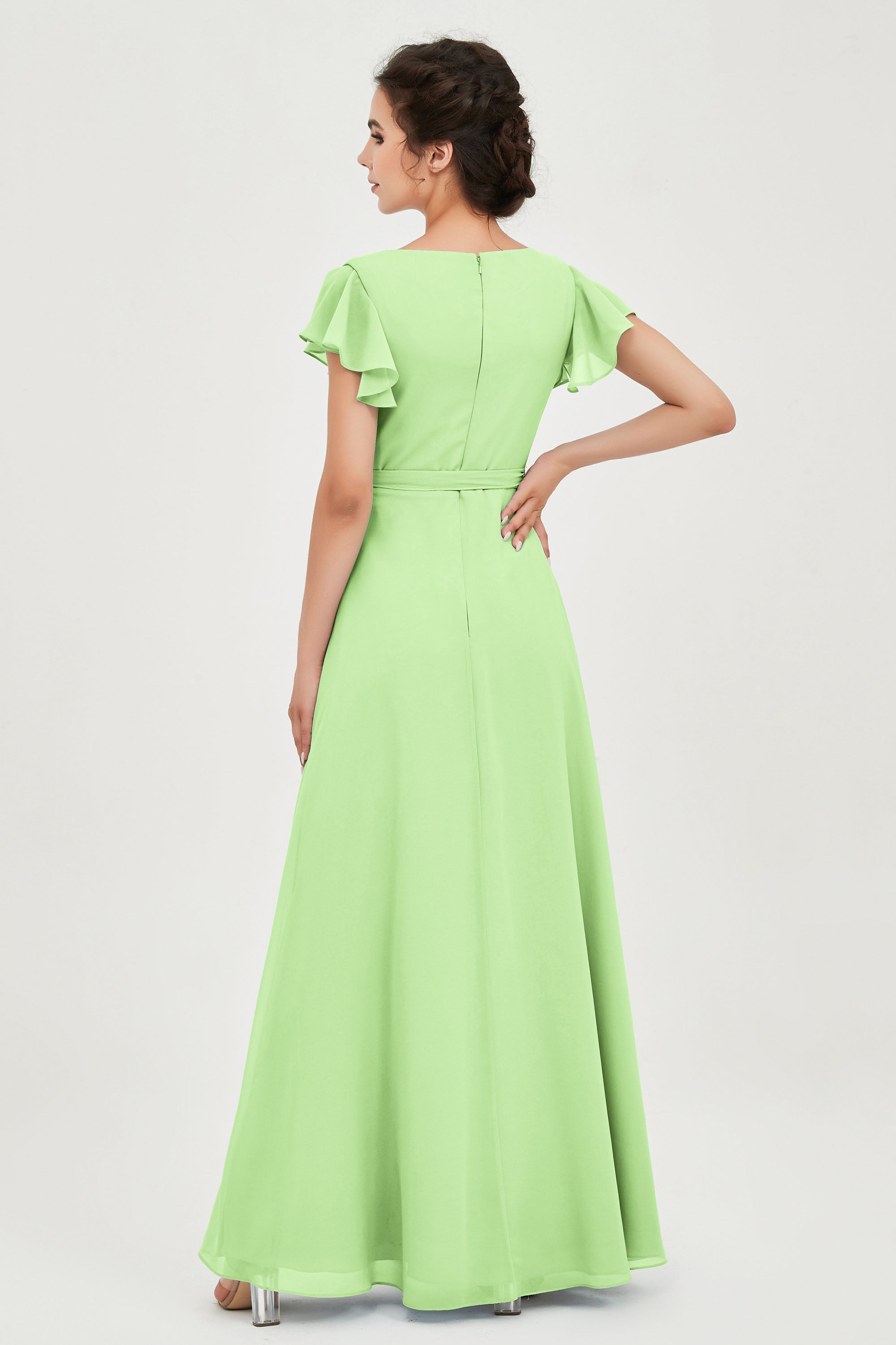 Flutter Sleeves Chiffon V Neck Bridesmaid Dress Women's Formal Evening Prom Gowns Dresses