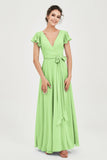 Flutter Sleeves Chiffon V Neck Bridesmaid Dress Women's Formal Evening Prom Gowns Dresses