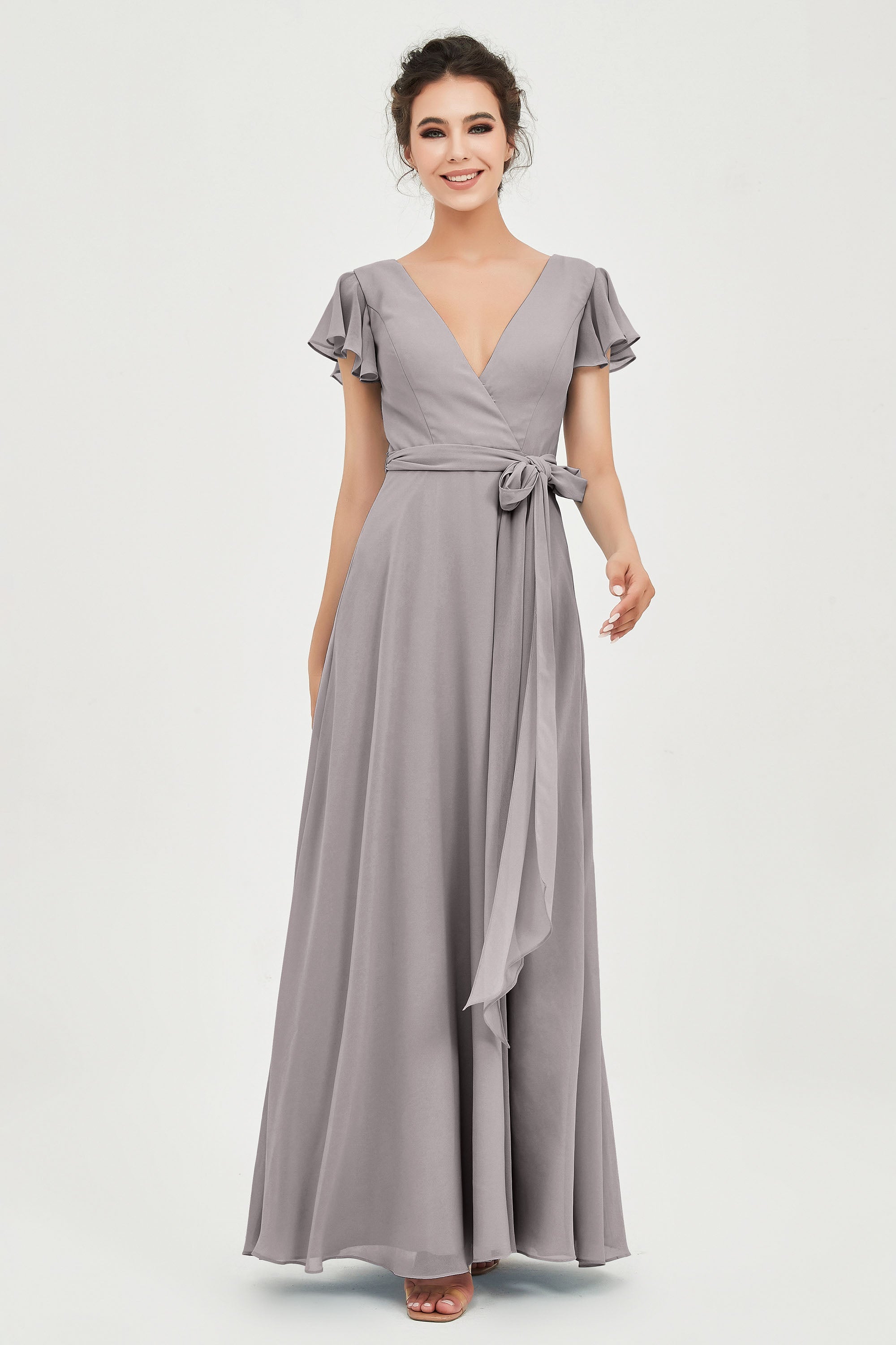 Flutter Sleeves Chiffon V Neck Bridesmaid Dress Women's Formal Evening Prom Gowns Dresses