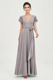 Flutter Sleeves Chiffon V Neck Bridesmaid Dress Women's Formal Evening Prom Gowns Dresses