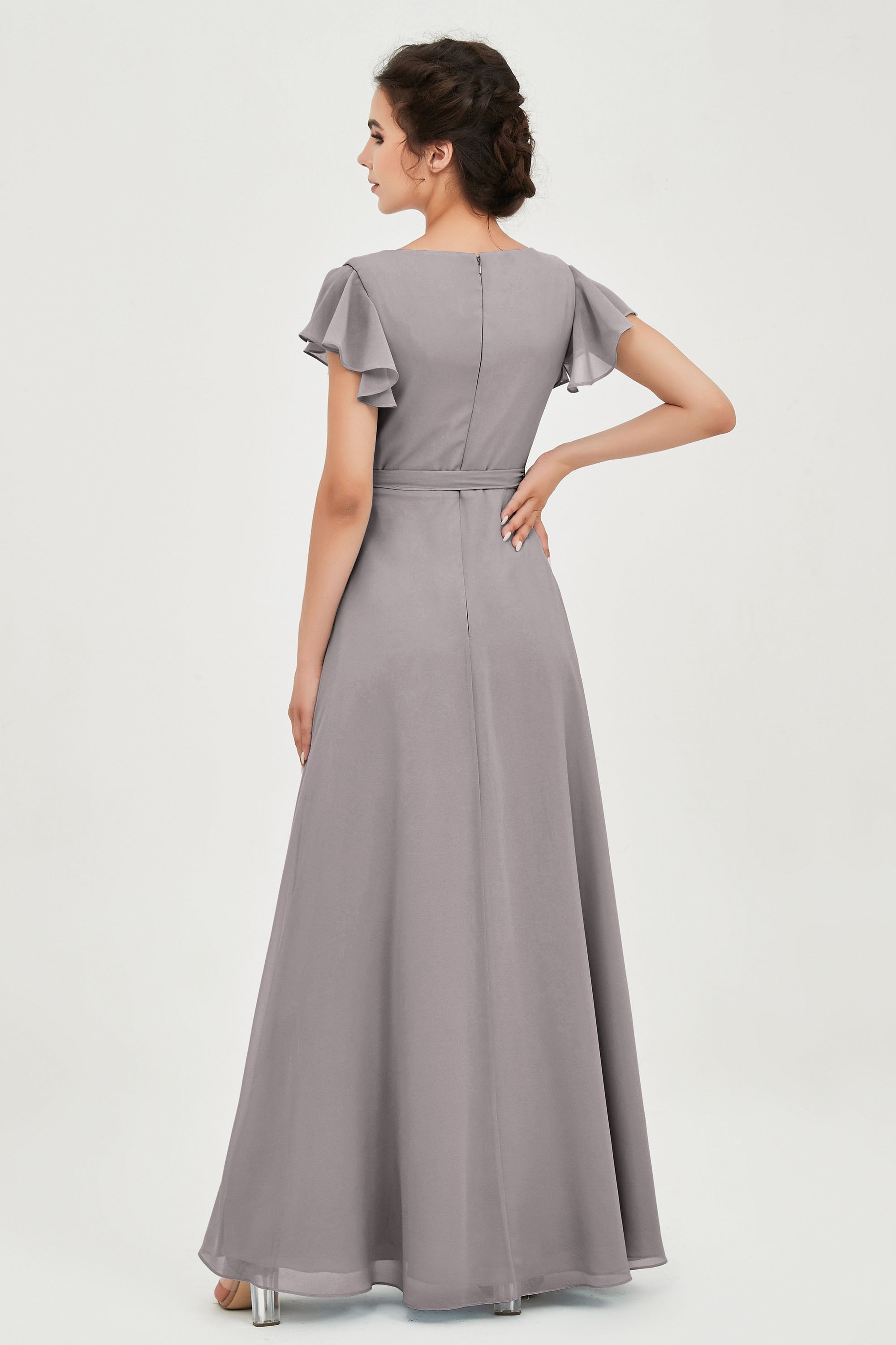 Flutter Sleeves Chiffon V Neck Bridesmaid Dress Women's Formal Evening Prom Gowns Dresses