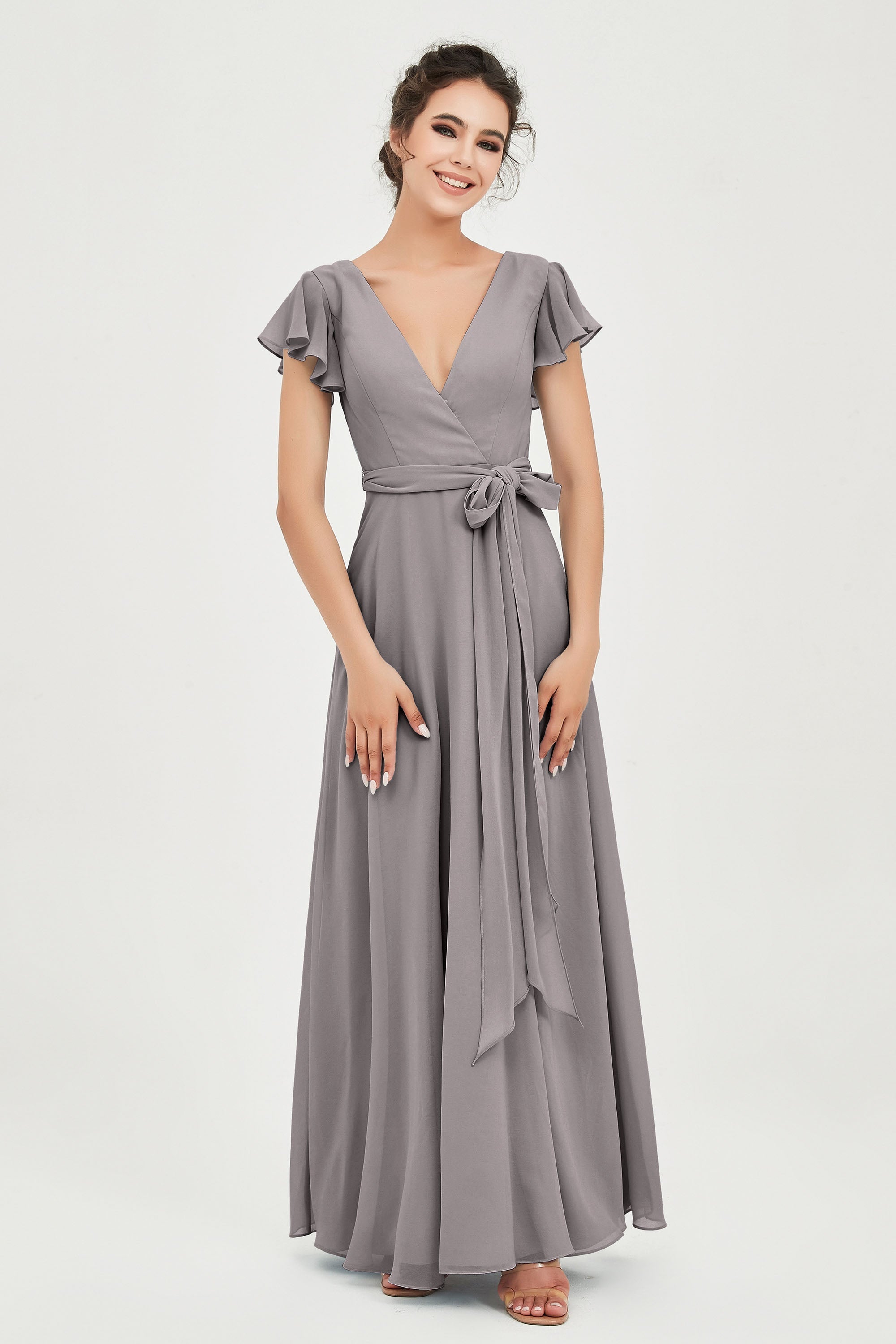 Flutter Sleeves Chiffon V Neck Bridesmaid Dress Women's Formal Evening Prom Gowns Dresses
