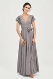 Flutter Sleeves Chiffon V Neck Bridesmaid Dress Women's Formal Evening Prom Gowns Dresses