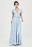 Flutter Sleeves Chiffon V Neck Bridesmaid Dress Women's Formal Evening Prom Gowns Dresses