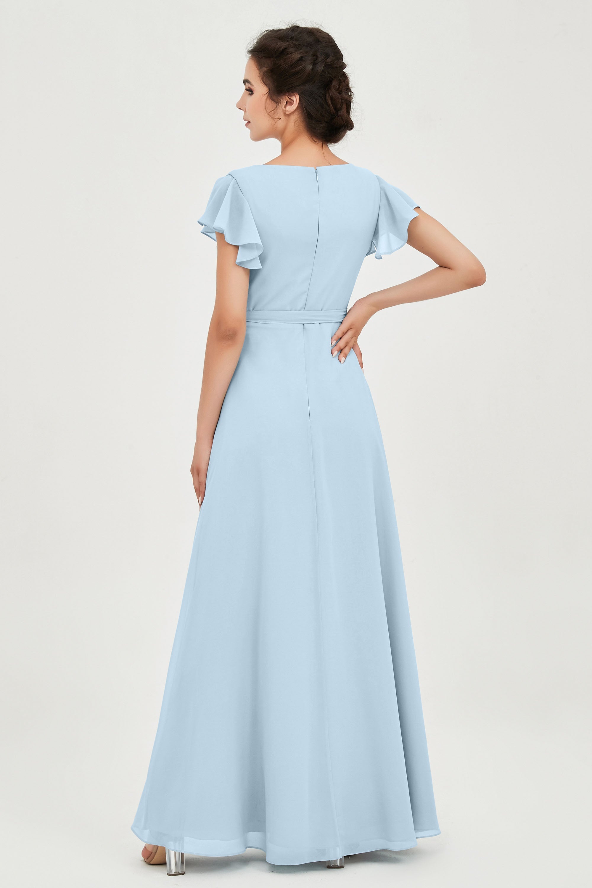 Flutter Sleeves Chiffon V Neck Bridesmaid Dress Women's Formal Evening Prom Gowns Dresses