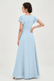Flutter Sleeves Chiffon V Neck Bridesmaid Dress Women's Formal Evening Prom Gowns Dresses