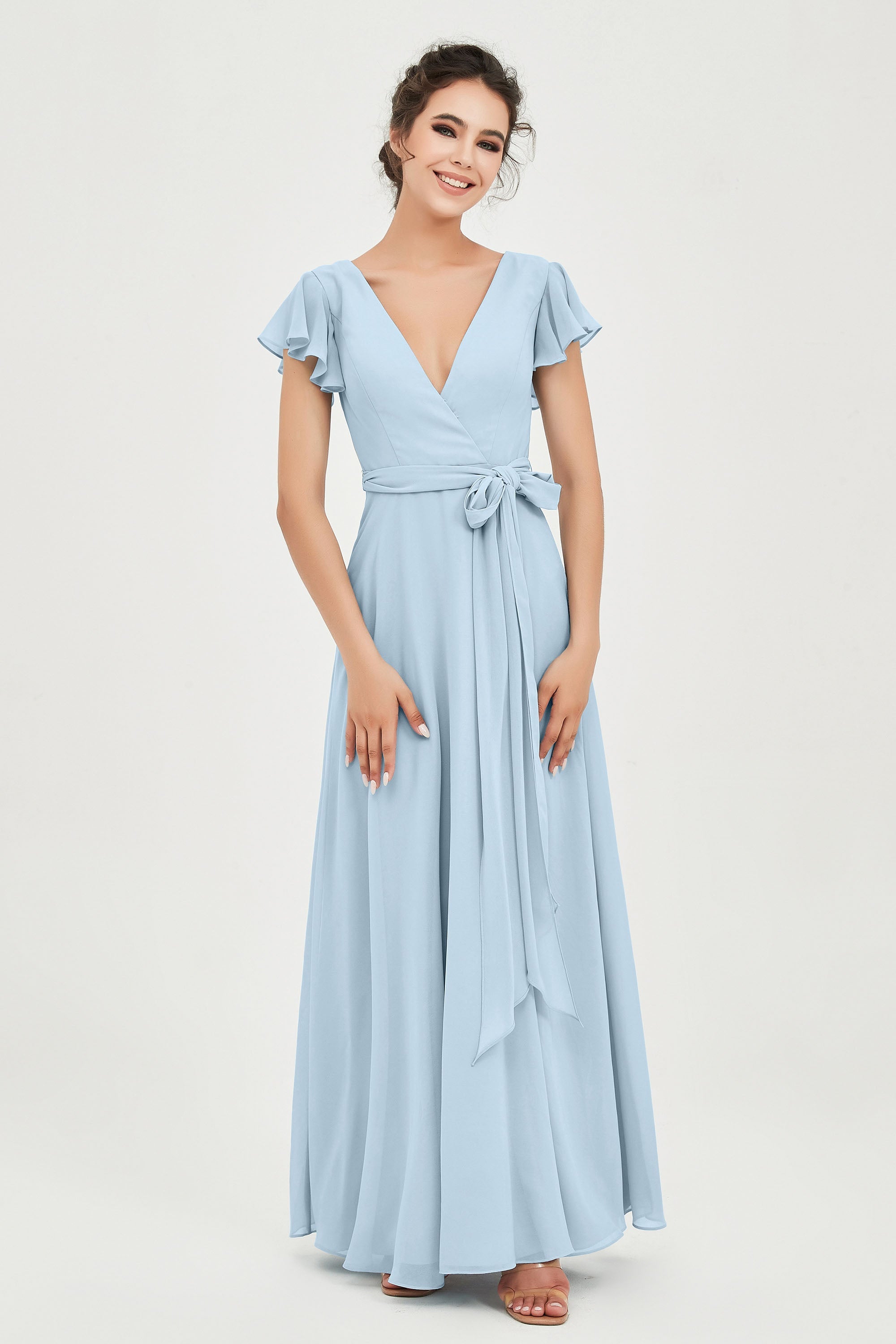 Flutter Sleeves Chiffon V Neck Bridesmaid Dress Women's Formal Evening Prom Gowns Dresses