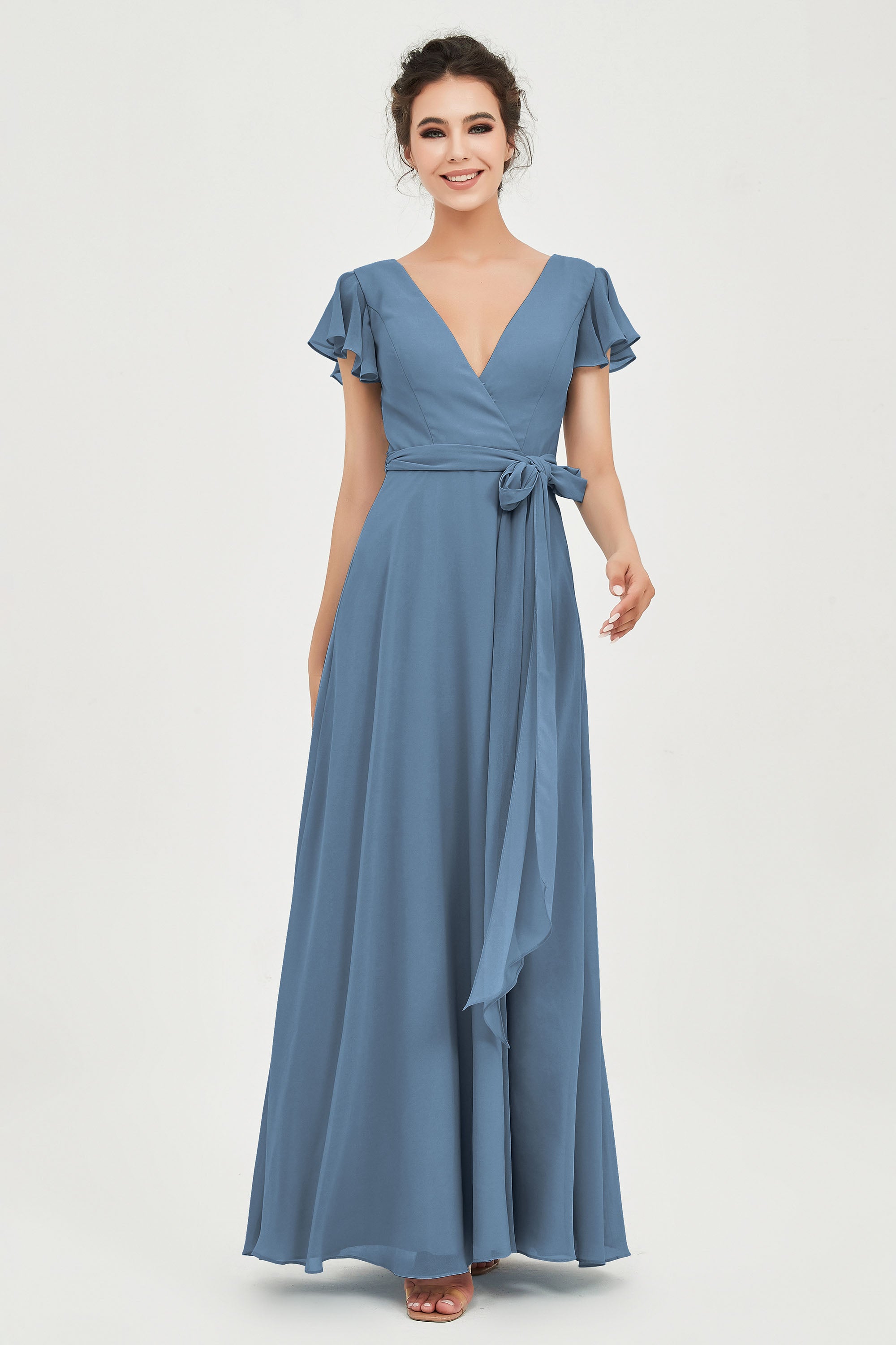 Flutter Sleeves Chiffon V Neck Bridesmaid Dress Women's Formal Evening Prom Gowns Dresses