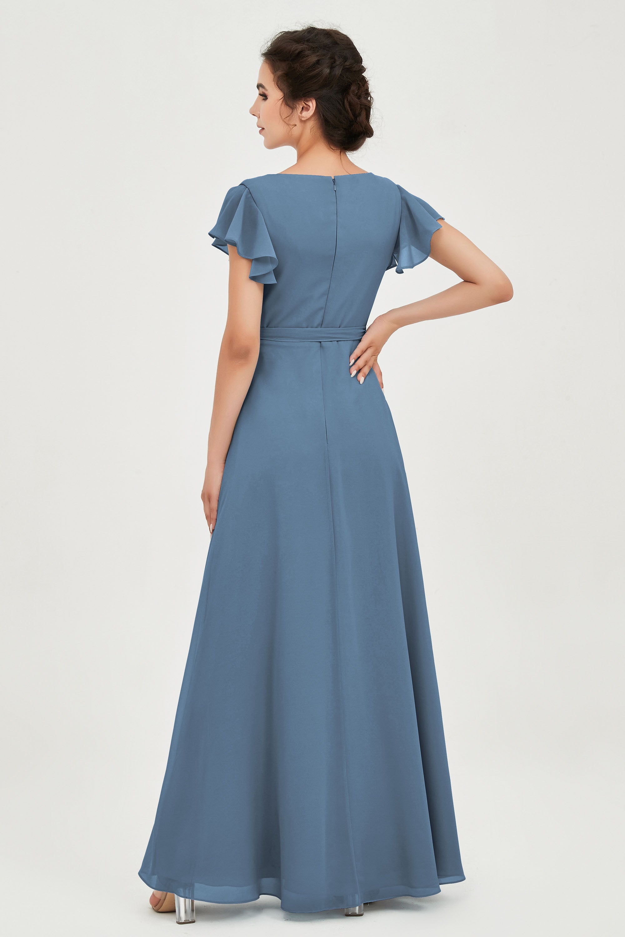 Flutter Sleeves Chiffon V Neck Bridesmaid Dress Women's Formal Evening Prom Gowns Dresses