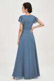 Flutter Sleeves Chiffon V Neck Bridesmaid Dress Women's Formal Evening Prom Gowns Dresses