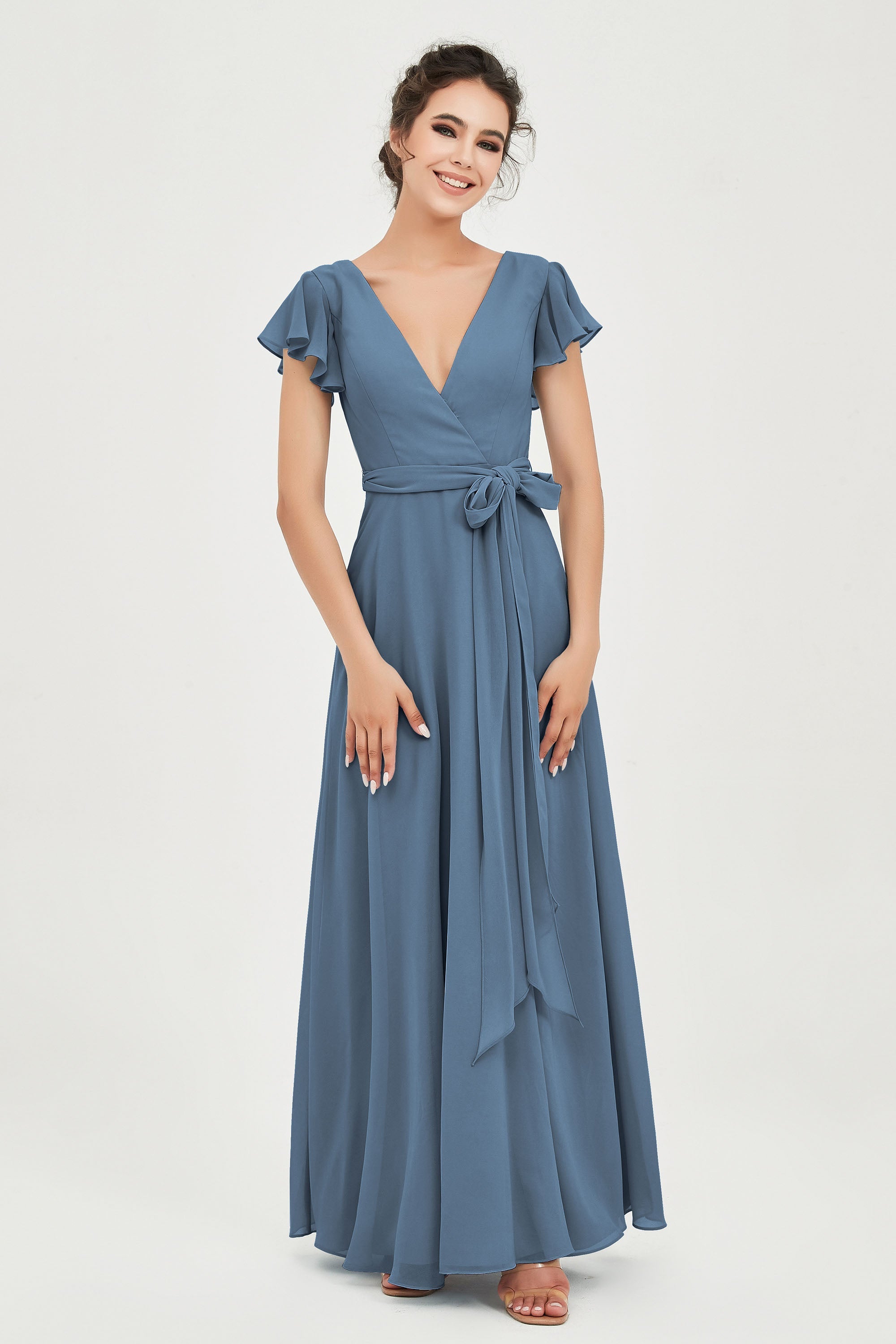 Flutter Sleeves Chiffon V Neck Bridesmaid Dress Women's Formal Evening Prom Gowns Dresses