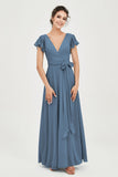 Flutter Sleeves Chiffon V Neck Bridesmaid Dress Women's Formal Evening Prom Gowns Dresses