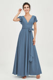 Flutter Sleeves Chiffon V Neck Bridesmaid Dress Women's Formal Evening Prom Gowns Dresses