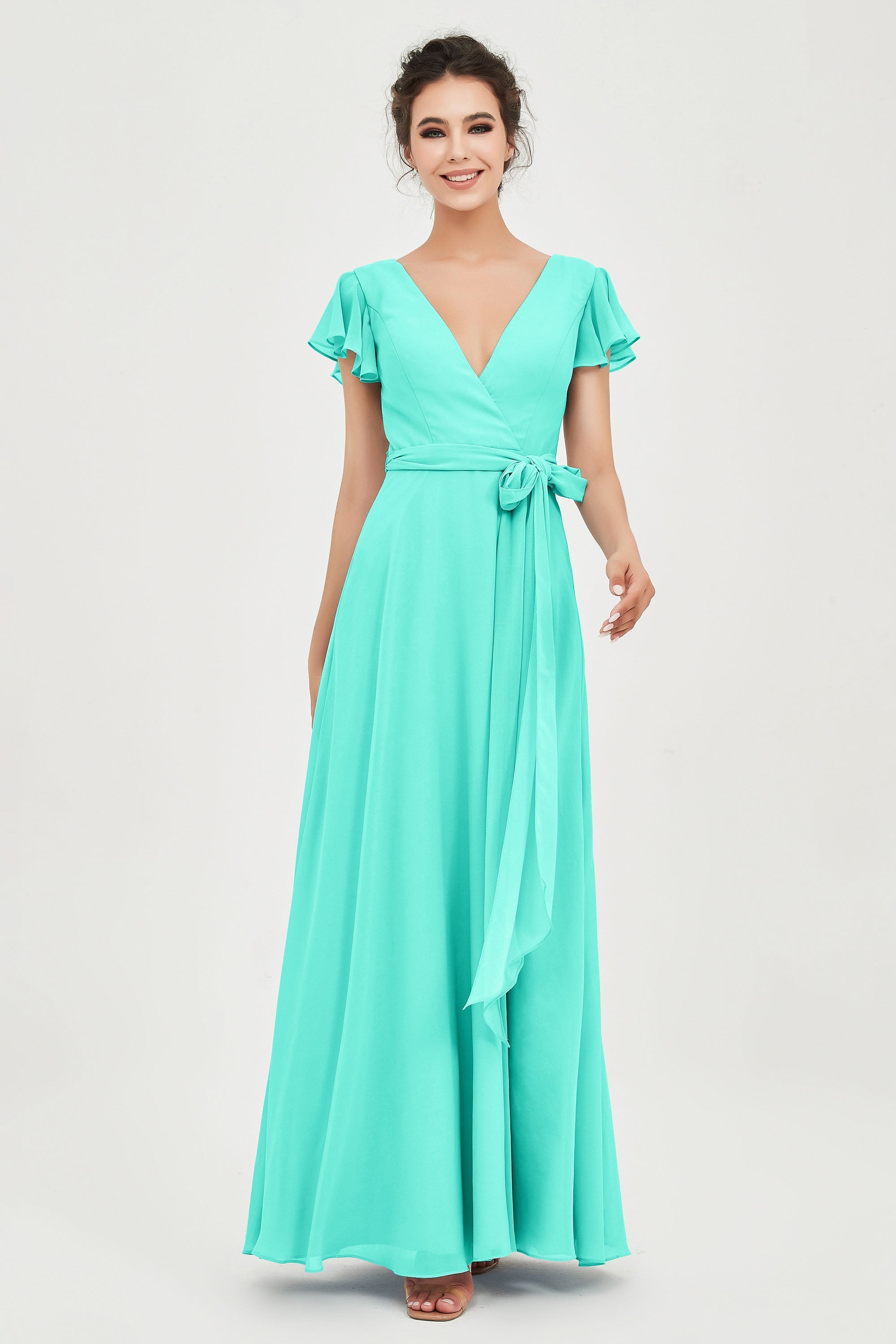 Flutter Sleeves Chiffon V Neck Bridesmaid Dress Women's Formal Evening Prom Gowns Dresses