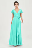 Flutter Sleeves Chiffon V Neck Bridesmaid Dress Women's Formal Evening Prom Gowns Dresses