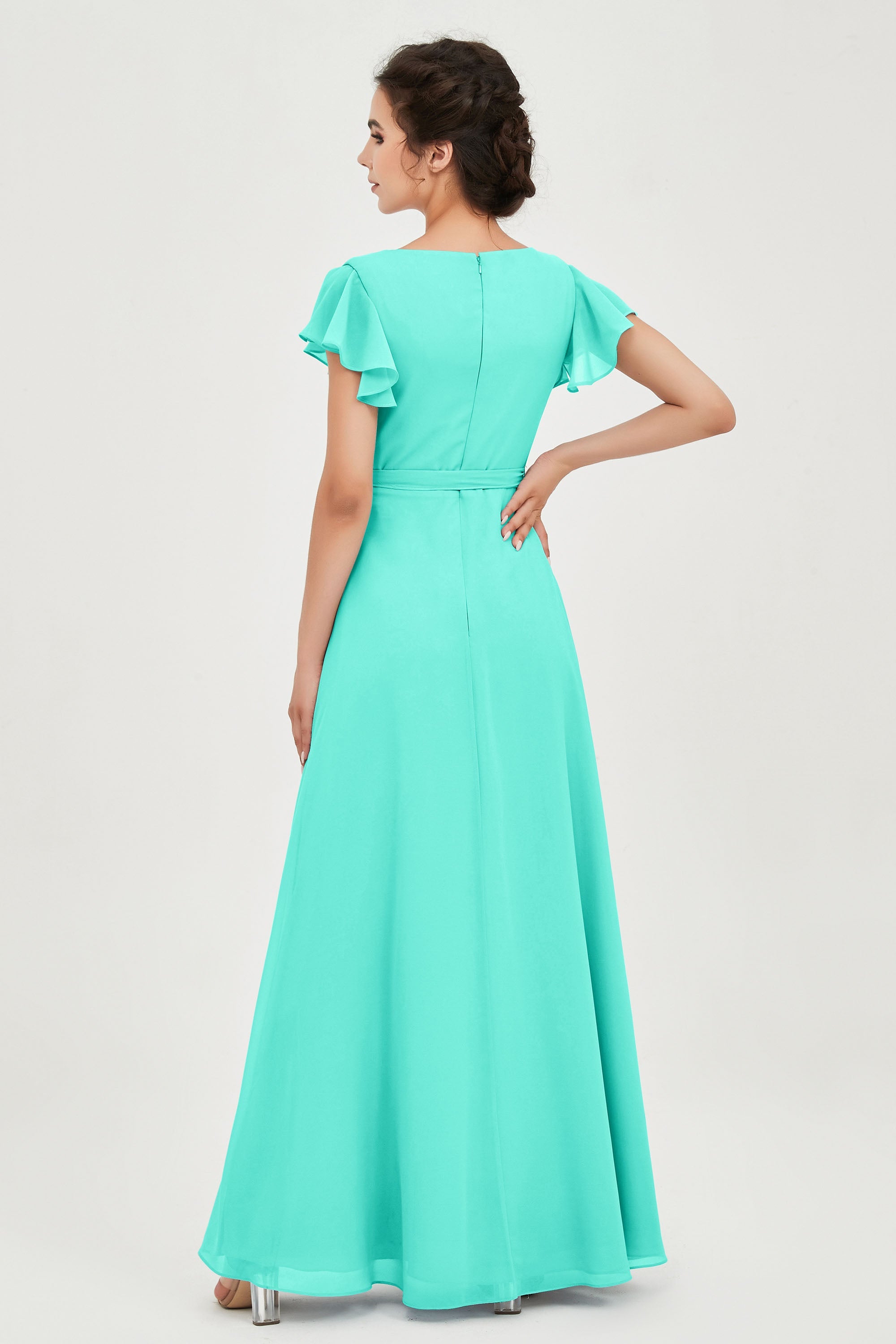 Flutter Sleeves Chiffon V Neck Bridesmaid Dress Women's Formal Evening Prom Gowns Dresses