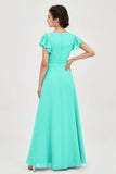 Flutter Sleeves Chiffon V Neck Bridesmaid Dress Women's Formal Evening Prom Gowns Dresses