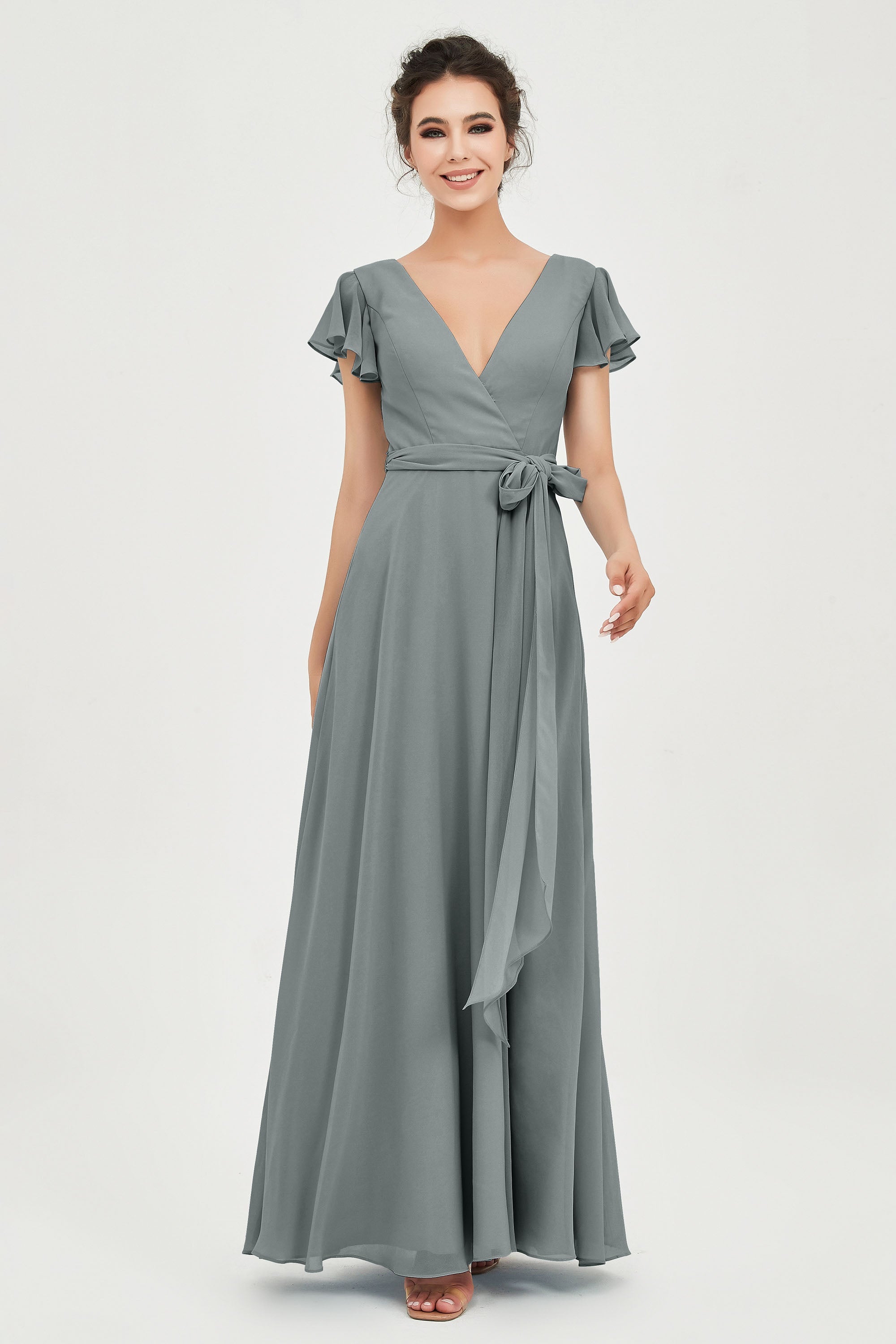 Flutter Sleeves Chiffon V Neck Bridesmaid Dress Women's Formal Evening Prom Gowns Dresses