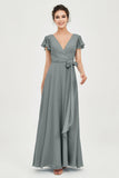 Flutter Sleeves Chiffon V Neck Bridesmaid Dress Women's Formal Evening Prom Gowns Dresses