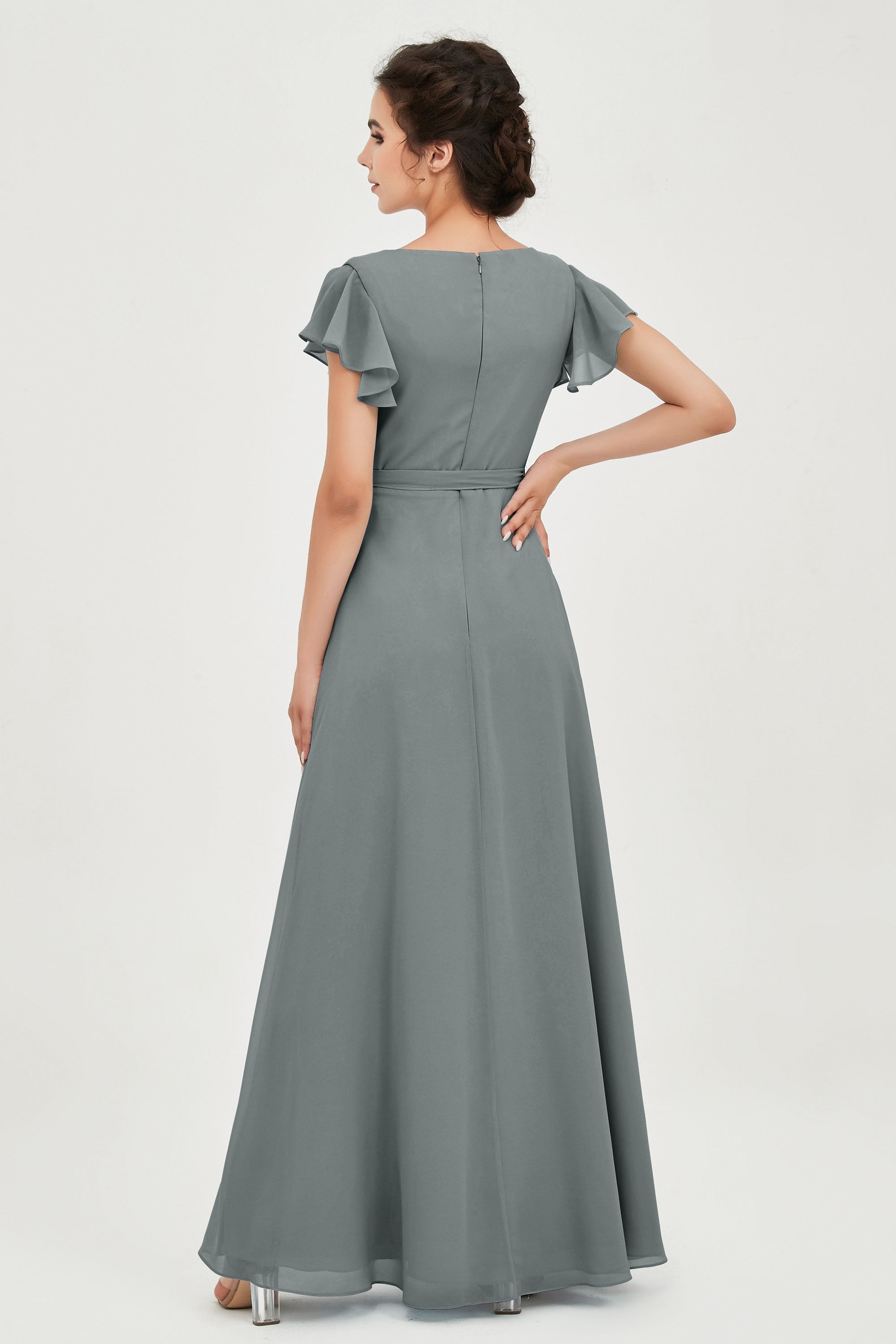 Flutter Sleeves Chiffon V Neck Bridesmaid Dress Women's Formal Evening Prom Gowns Dresses