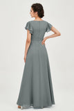 Flutter Sleeves Chiffon V Neck Bridesmaid Dress Women's Formal Evening Prom Gowns Dresses
