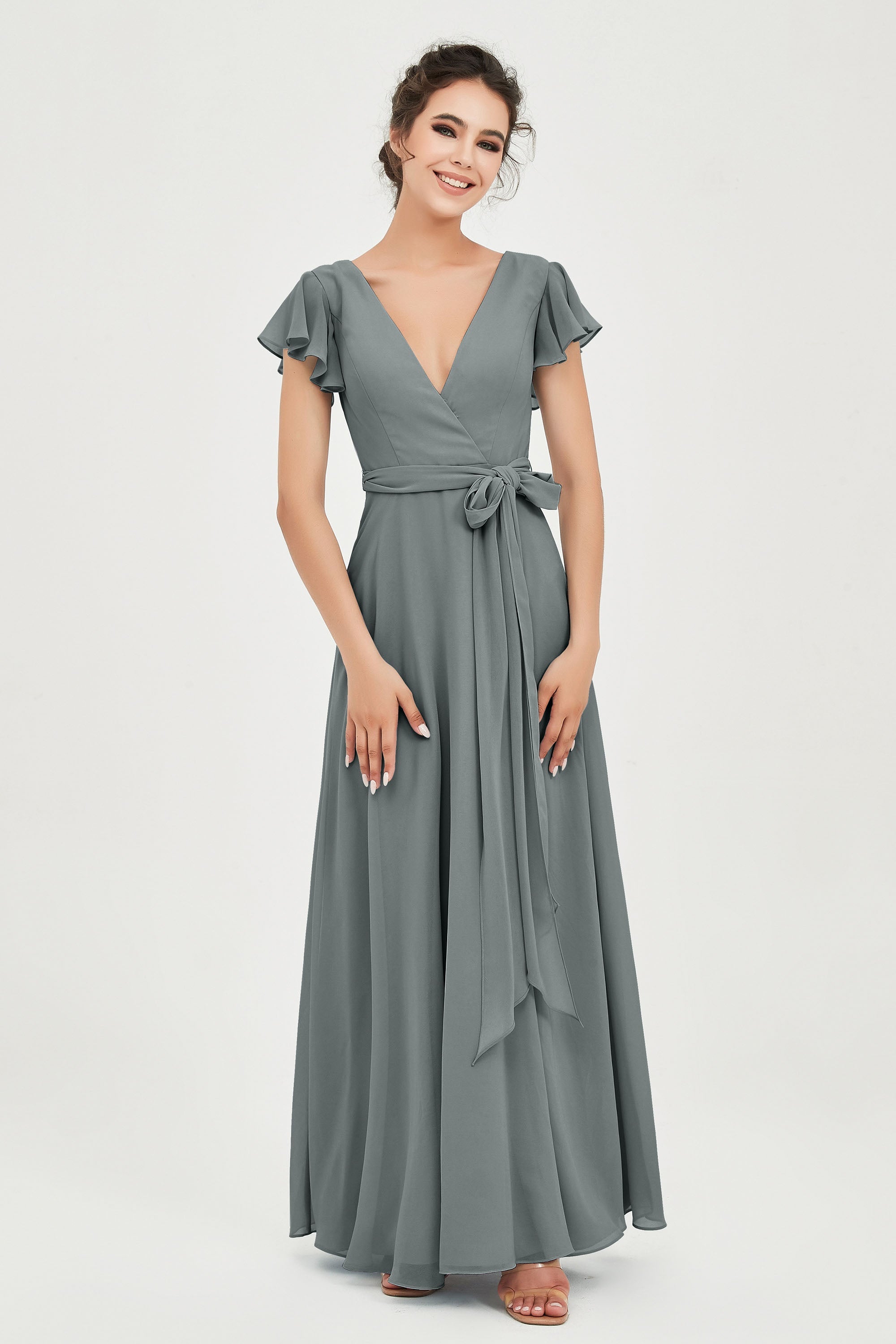 Flutter Sleeves Chiffon V Neck Bridesmaid Dress Women's Formal Evening Prom Gowns Dresses