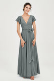 Flutter Sleeves Chiffon V Neck Bridesmaid Dress Women's Formal Evening Prom Gowns Dresses