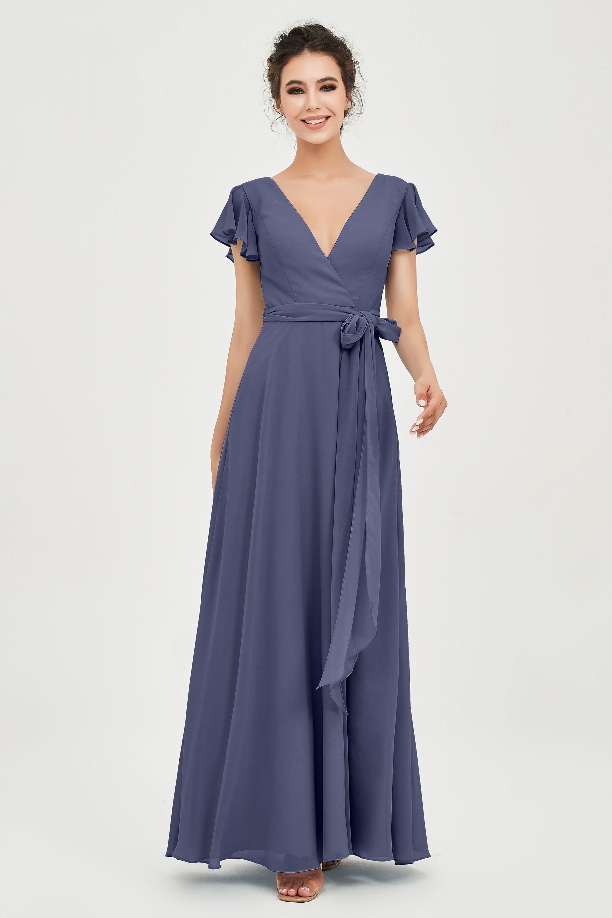 Flutter Sleeves Chiffon V Neck Bridesmaid Dress Women's Formal Evening Prom Gowns Dresses