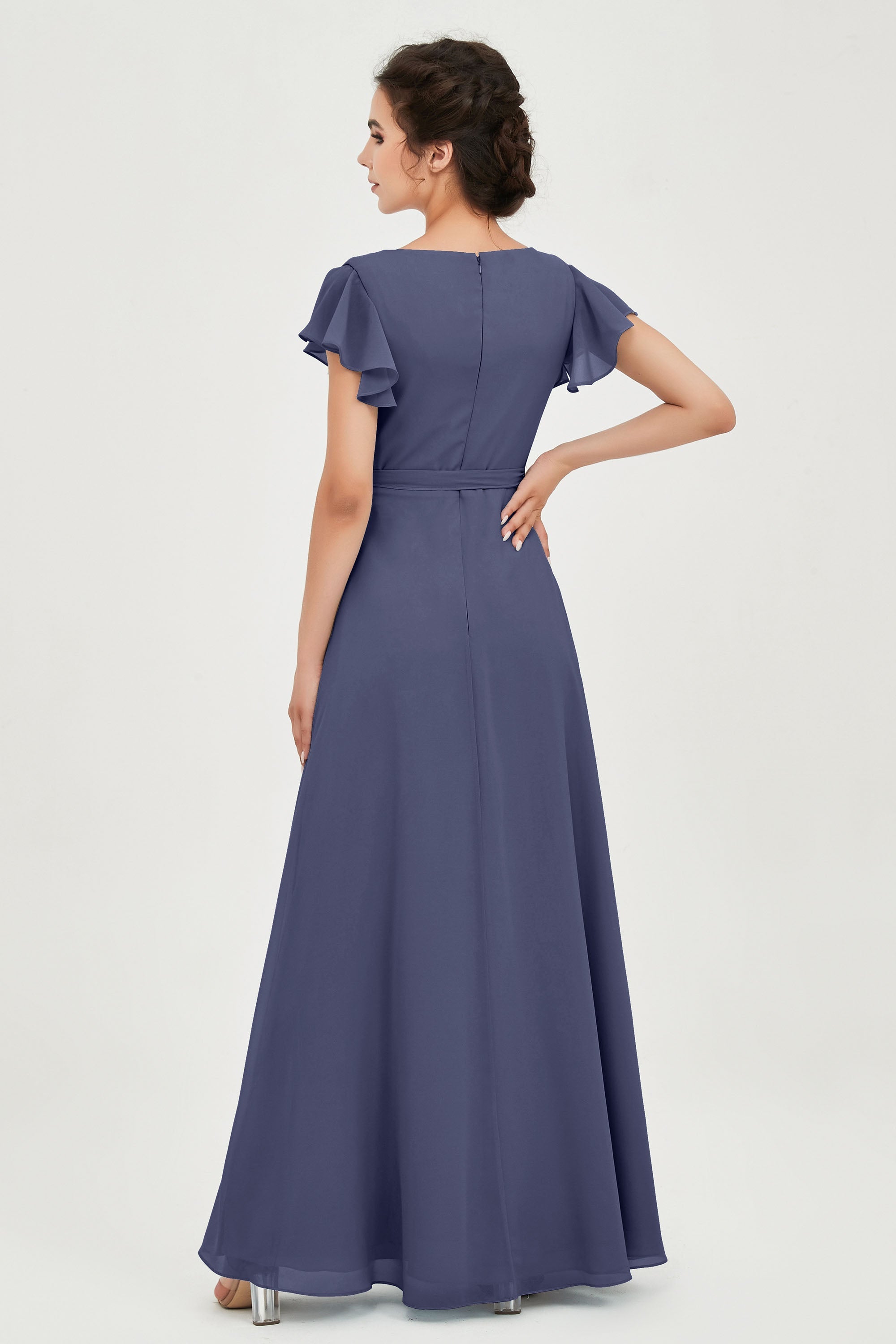 Flutter Sleeves Chiffon V Neck Bridesmaid Dress Women's Formal Evening Prom Gowns Dresses