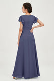 Flutter Sleeves Chiffon V Neck Bridesmaid Dress Women's Formal Evening Prom Gowns Dresses
