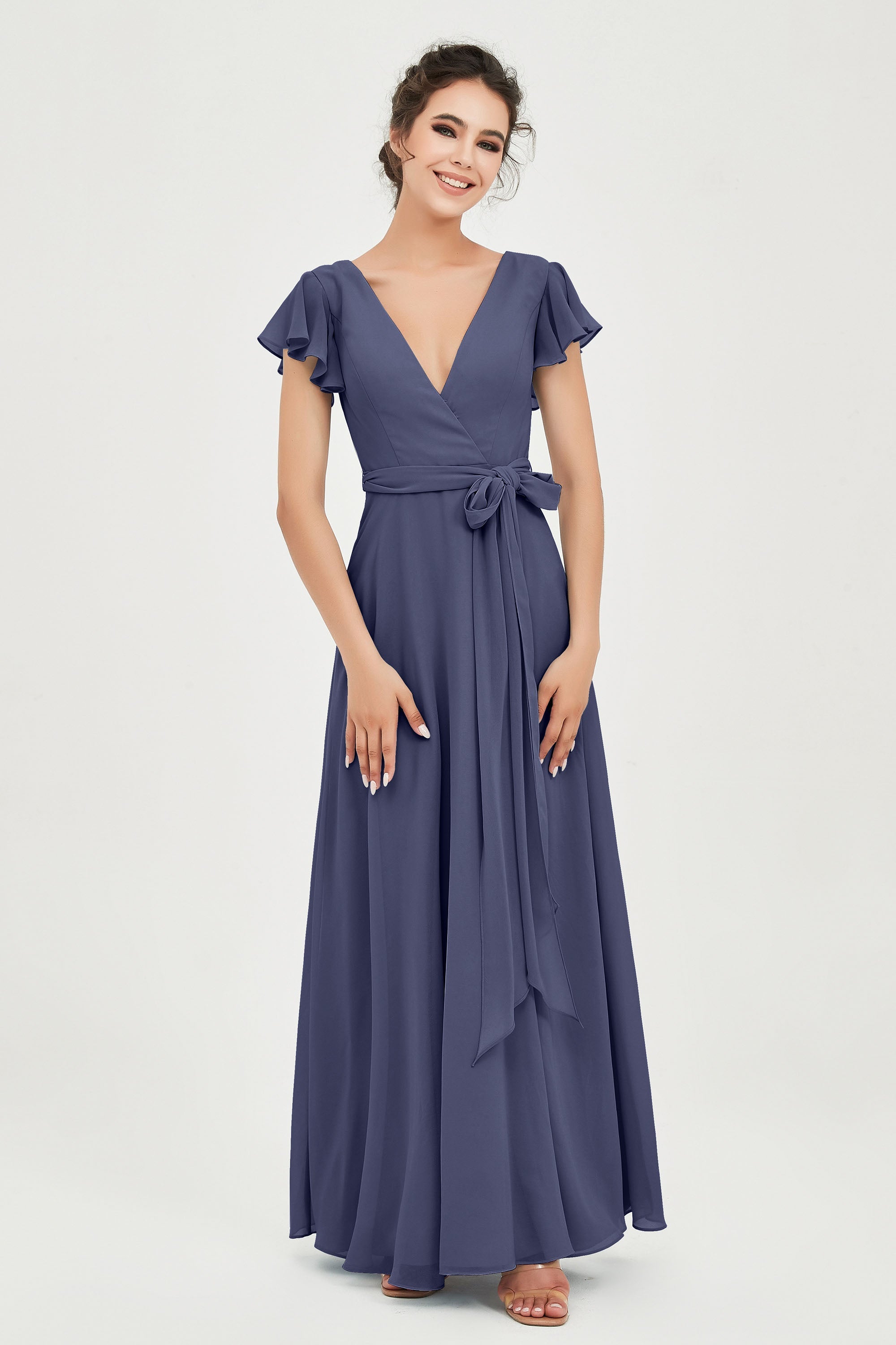 Flutter Sleeves Chiffon V Neck Bridesmaid Dress Women's Formal Evening Prom Gowns Dresses