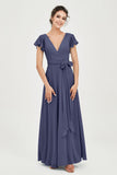 Flutter Sleeves Chiffon V Neck Bridesmaid Dress Women's Formal Evening Prom Gowns Dresses