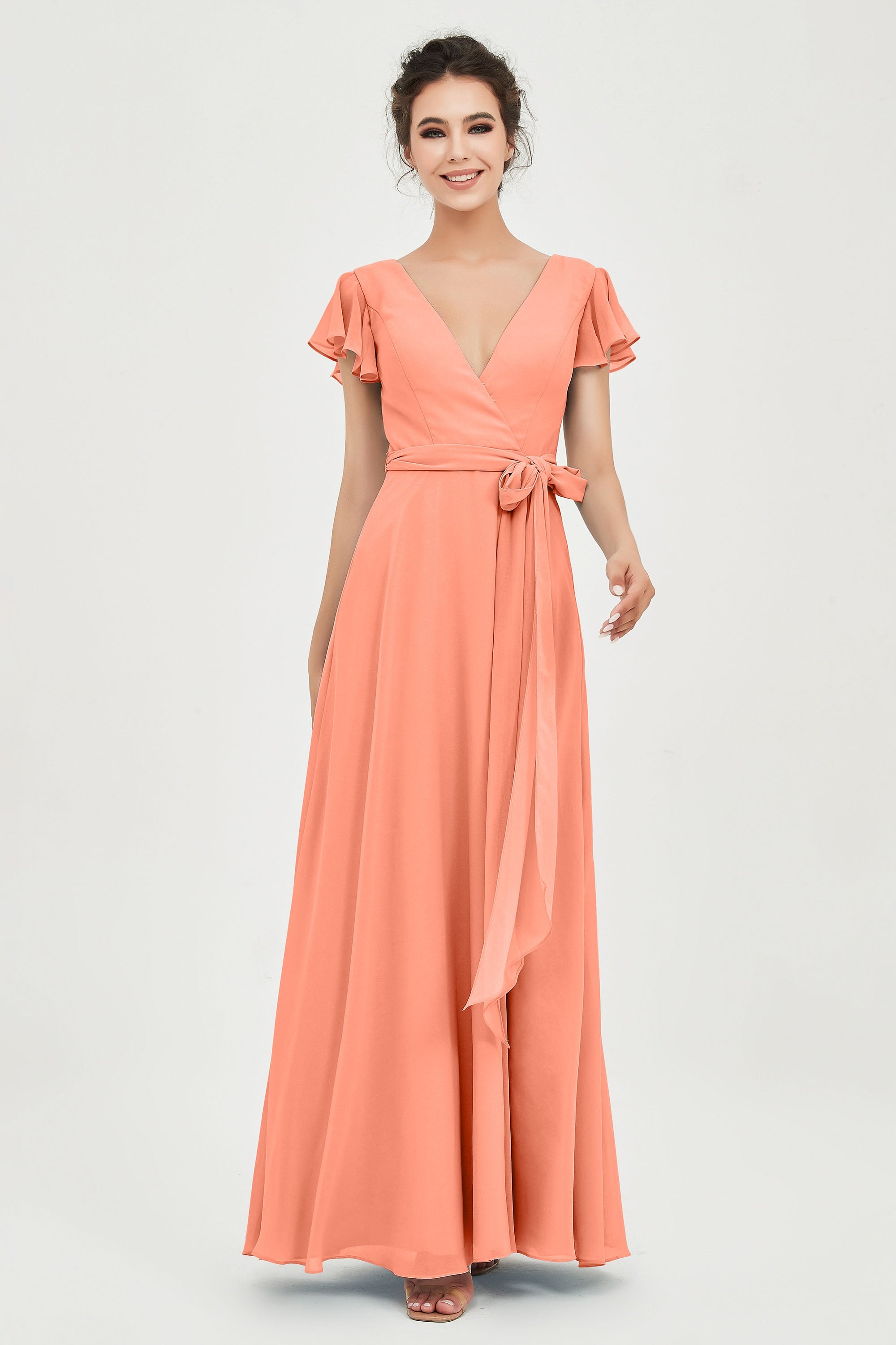 Flutter Sleeves Chiffon V Neck Bridesmaid Dress Women's Formal Evening Prom Gowns Dresses