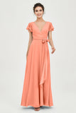 Flutter Sleeves Chiffon V Neck Bridesmaid Dress Women's Formal Evening Prom Gowns Dresses