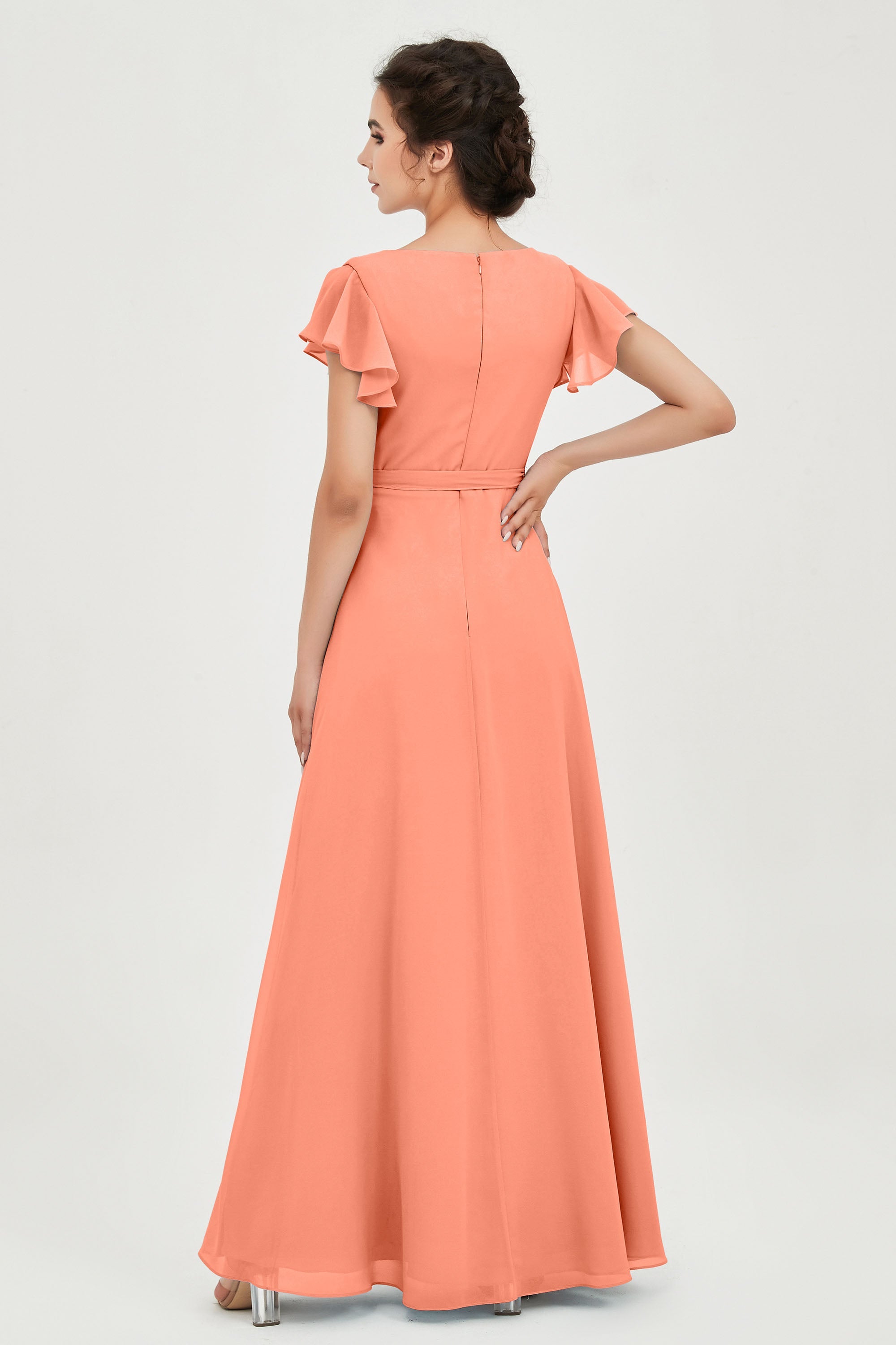 Flutter Sleeves Chiffon V Neck Bridesmaid Dress Women's Formal Evening Prom Gowns Dresses