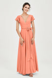 Flutter Sleeves Chiffon V Neck Bridesmaid Dress Women's Formal Evening Prom Gowns Dresses