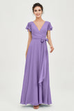 Flutter Sleeves Chiffon V Neck Bridesmaid Dress Women's Formal Evening Prom Gowns Dresses