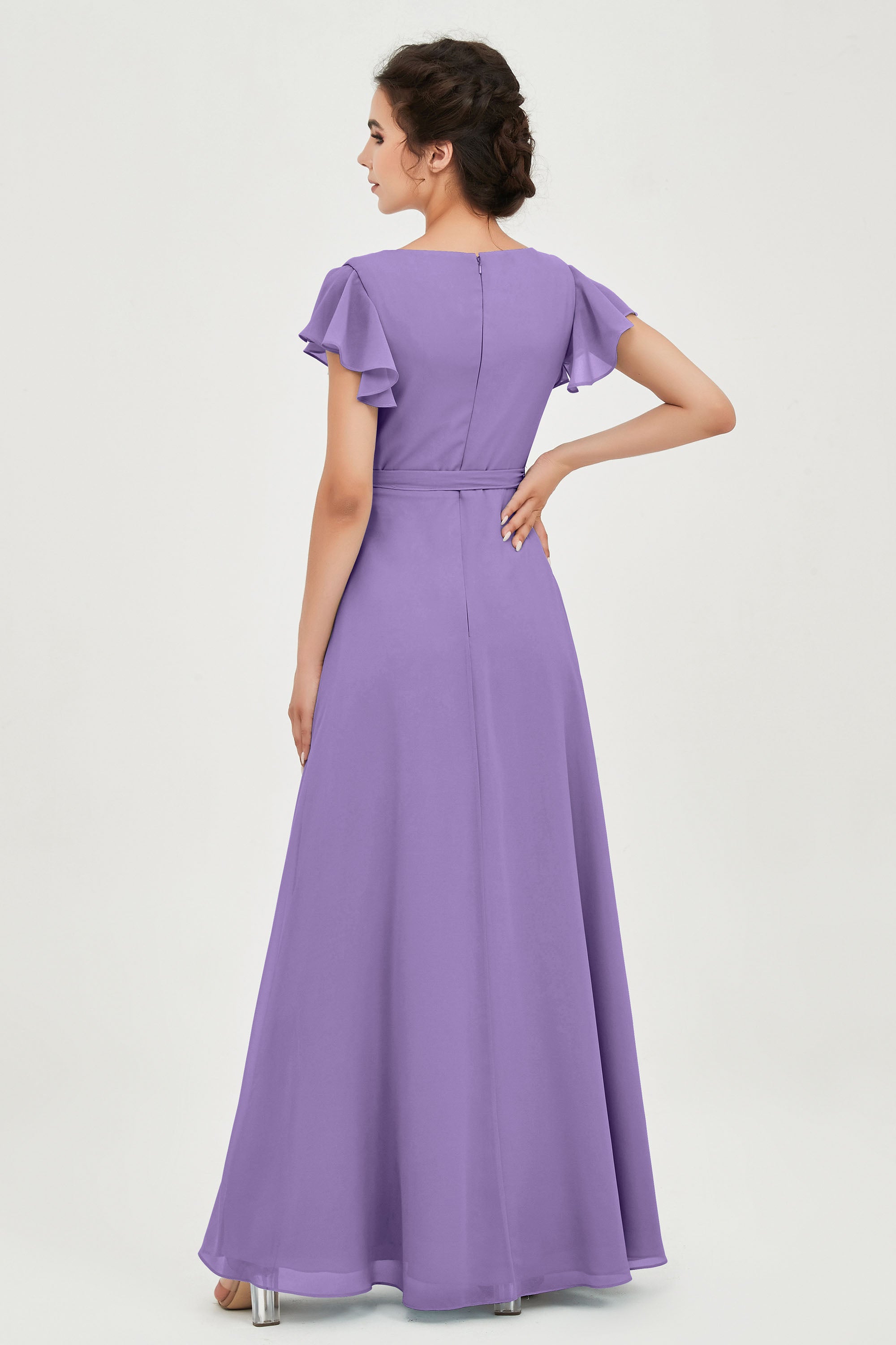 Flutter Sleeves Chiffon V Neck Bridesmaid Dress Women's Formal Evening Prom Gowns Dresses