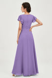 Flutter Sleeves Chiffon V Neck Bridesmaid Dress Women's Formal Evening Prom Gowns Dresses
