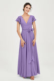 Flutter Sleeves Chiffon V Neck Bridesmaid Dress Women's Formal Evening Prom Gowns Dresses