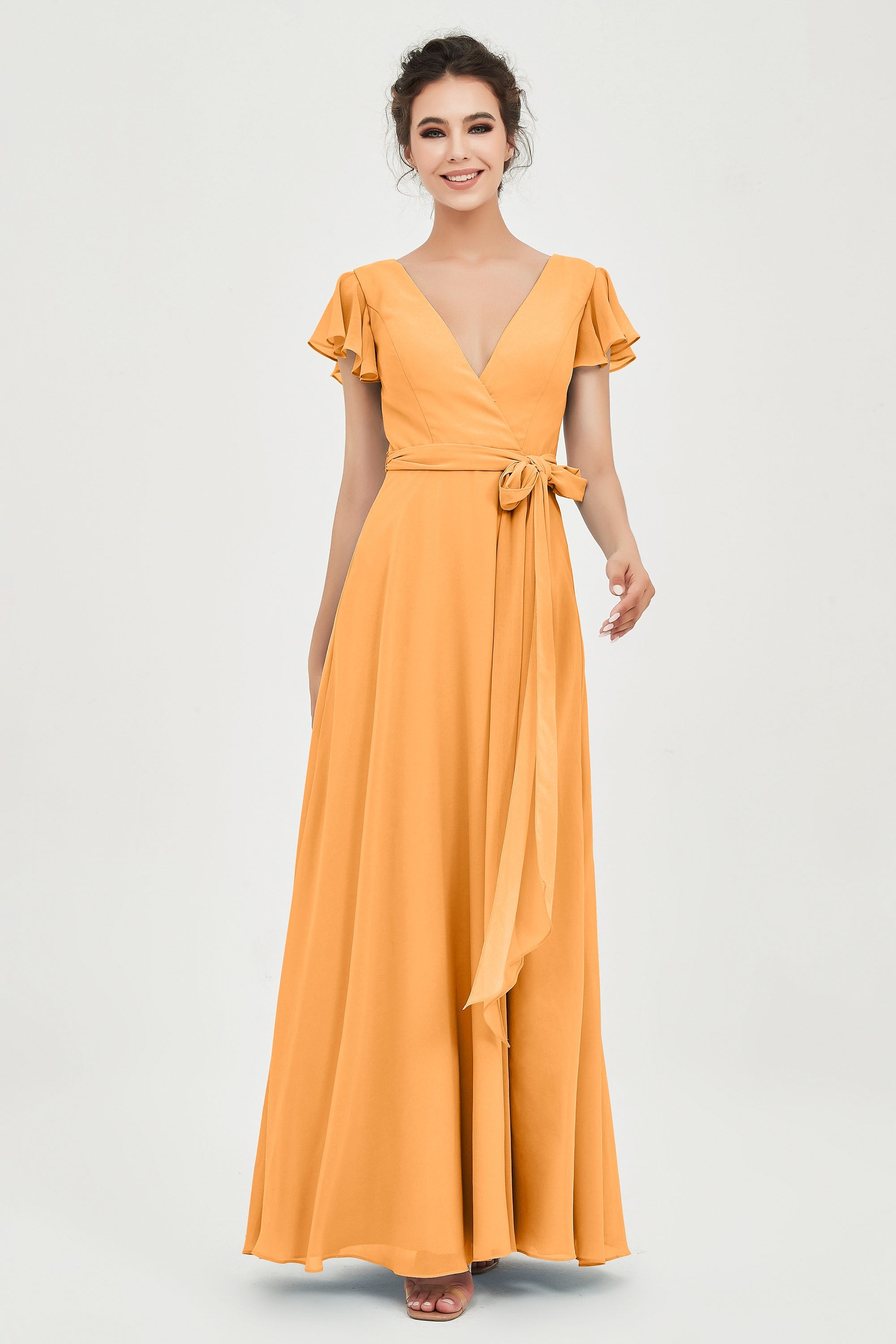 Flutter Sleeves Chiffon V Neck Bridesmaid Dress Women's Formal Evening Prom Gowns Dresses