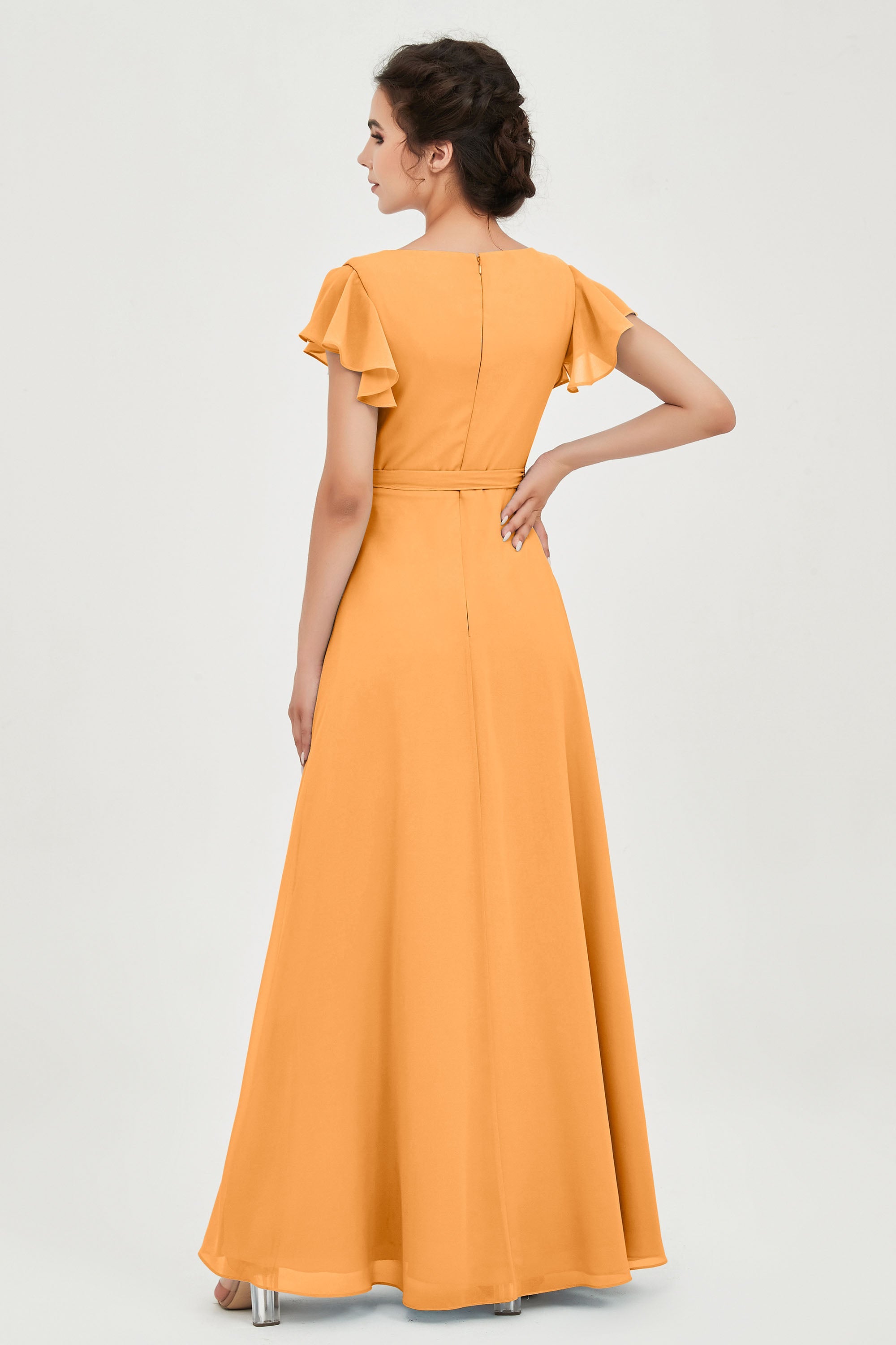 Flutter Sleeves Chiffon V Neck Bridesmaid Dress Women's Formal Evening Prom Gowns Dresses