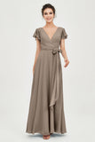 Flutter Sleeves Chiffon V Neck Bridesmaid Dress Women's Formal Evening Prom Gowns Dresses