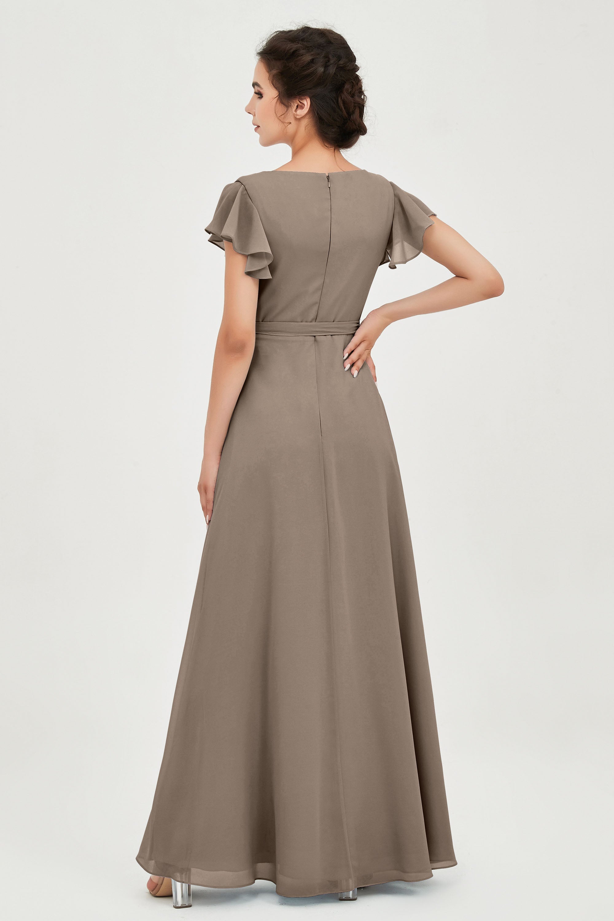 Flutter Sleeves Chiffon V Neck Bridesmaid Dress Women's Formal Evening Prom Gowns Dresses