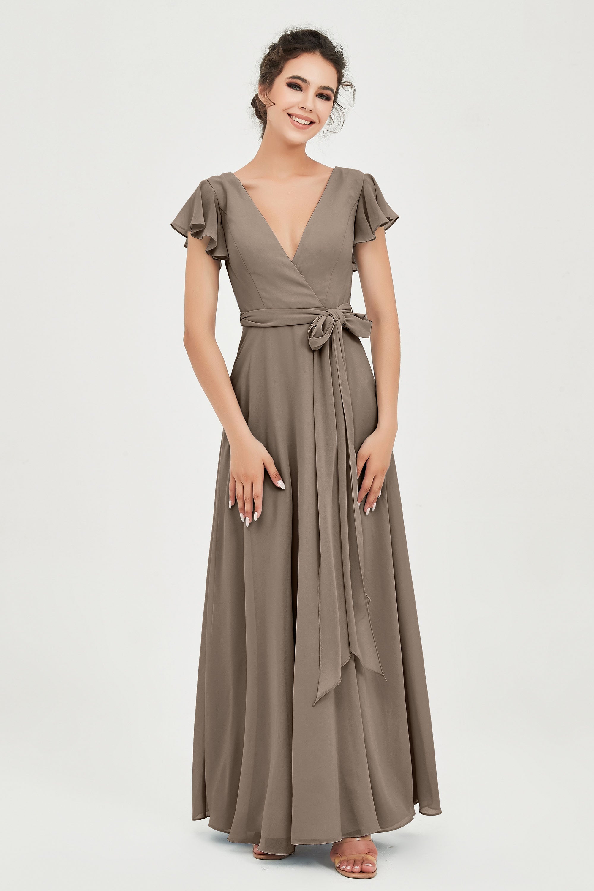 Flutter Sleeves Chiffon V Neck Bridesmaid Dress Women's Formal Evening Prom Gowns Dresses