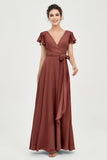 Flutter Sleeves Chiffon V Neck Bridesmaid Dress Women's Formal Evening Prom Gowns Dresses