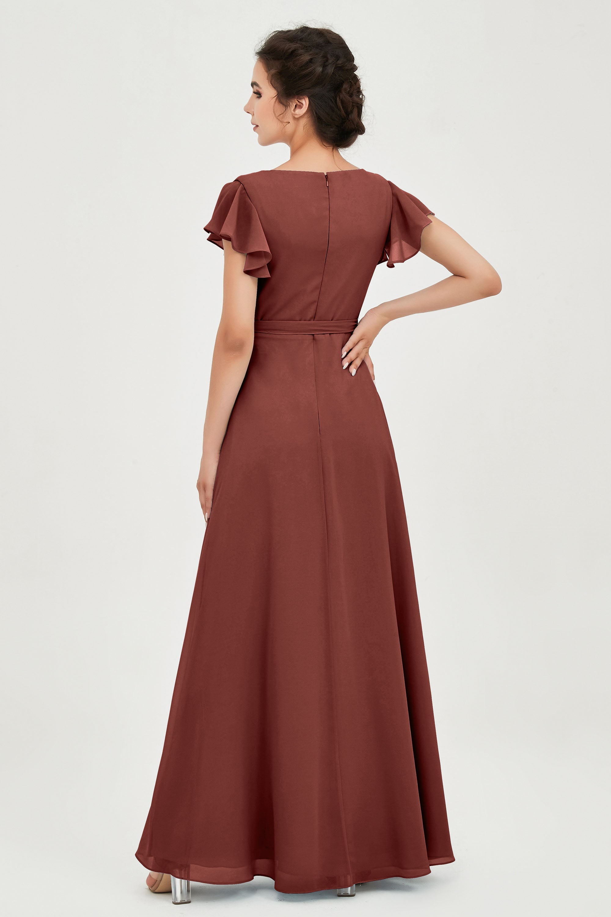 Flutter Sleeves Chiffon V Neck Bridesmaid Dress Women's Formal Evening Prom Gowns Dresses