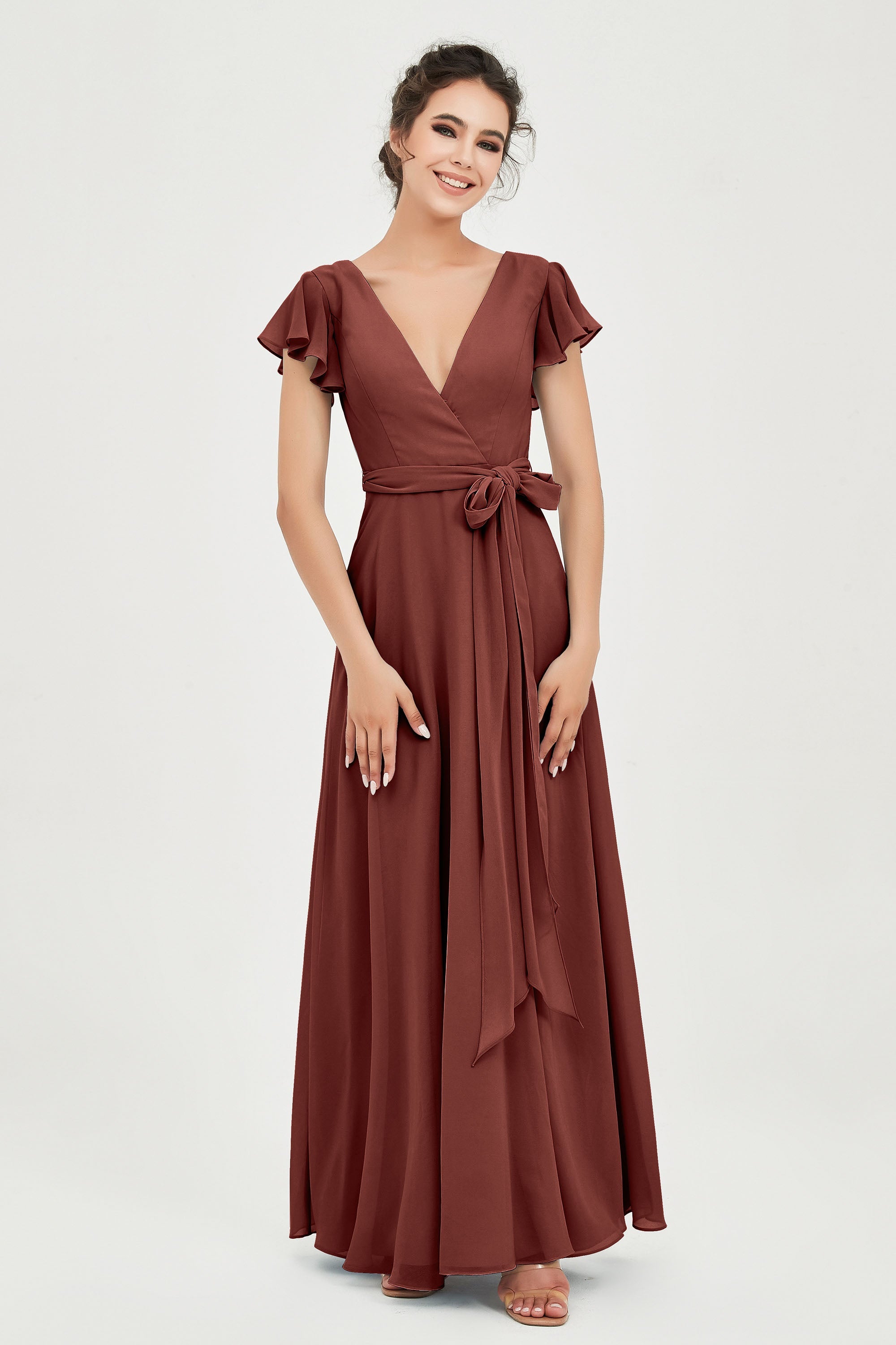 Flutter Sleeves Chiffon V Neck Bridesmaid Dress Women's Formal Evening Prom Gowns Dresses