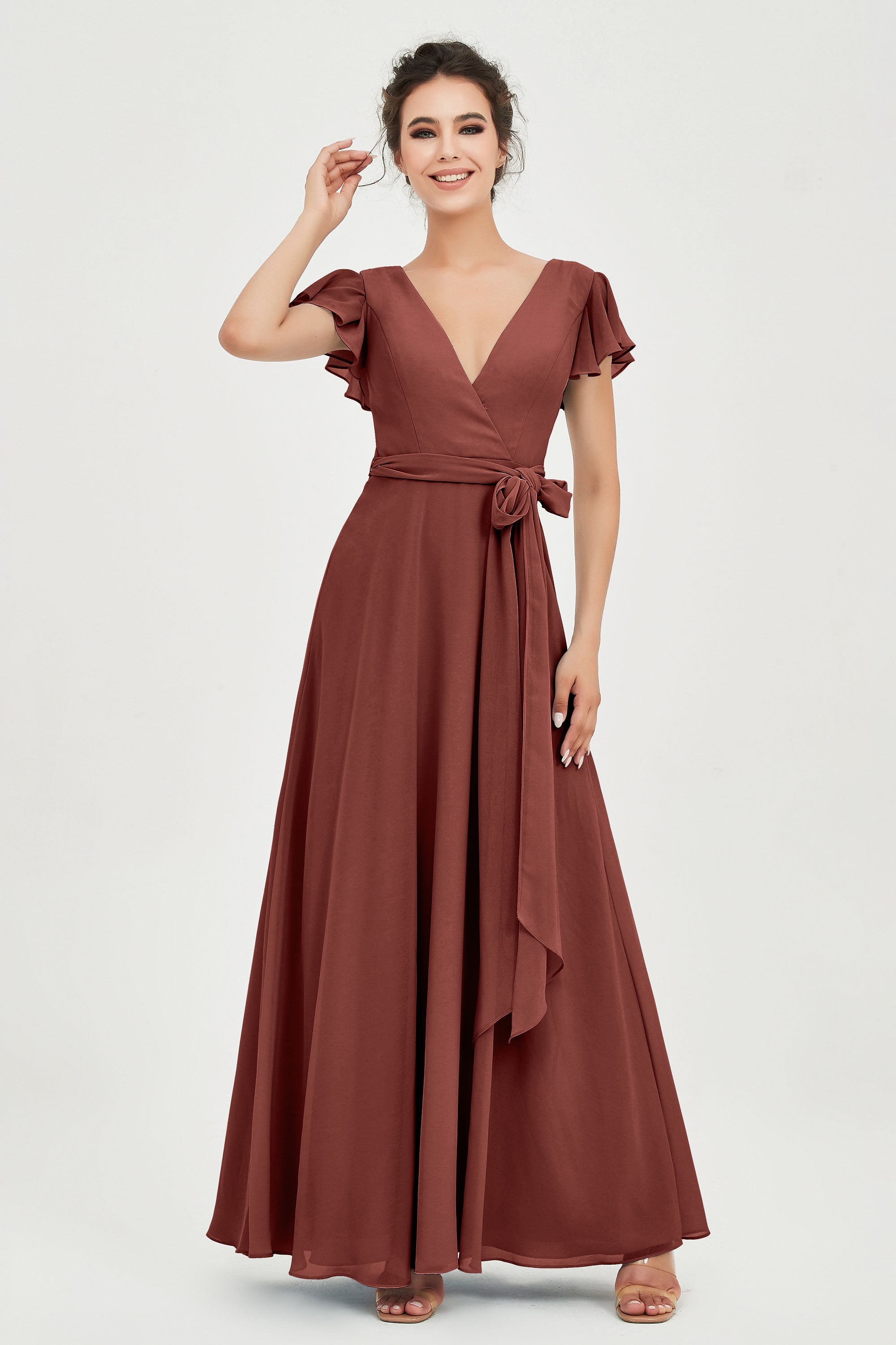 Flutter Sleeves Chiffon V Neck Bridesmaid Dress Women's Formal Evening Prom Gowns Dresses